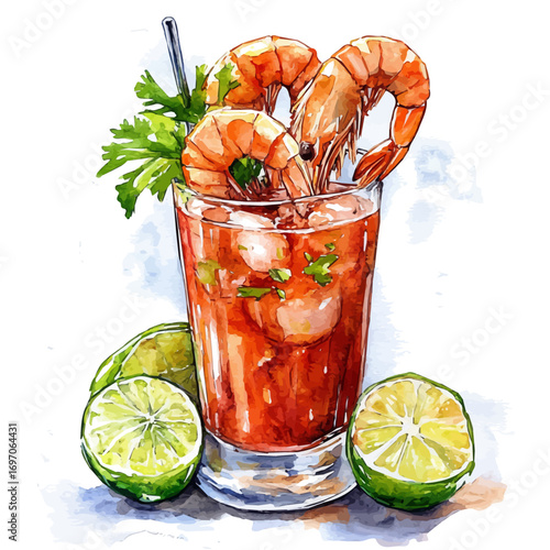 Shrimp Cocktail, watercolor clipart vector, isolated on a white background.