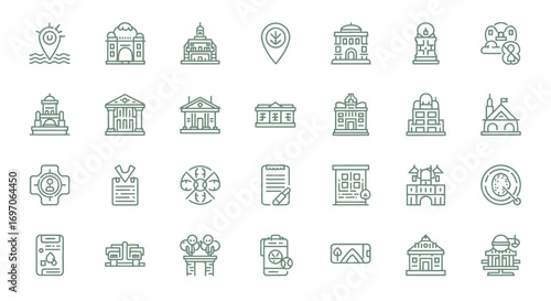 Vector Icons Set of Government Buildings and Public Services Thin Line Icon Set. EPS Editable