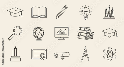 Vector Icons Set of Hand drawn collection of education and science doodle icons Vector set of school university and learning symbols. EPS Editable