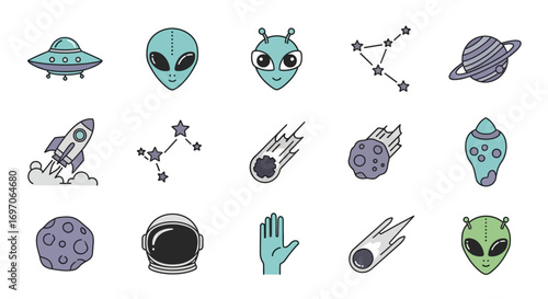 Vector Icons Set of Hand drawn collection of space alien and astronomy doodle icons. EPS Editable
