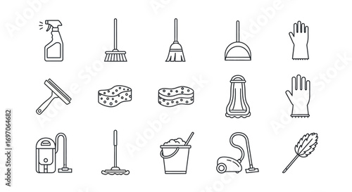 Vector Icons Set of Hand drawn cleaning tools and equipment icon set Doodle style vector illustration of household cleaning supplies. EPS Editable