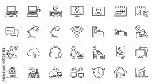 Vector Icons Set of Hand Drawn Doodle Icon Set for Remote Work and Home Office Life. EPS Editable