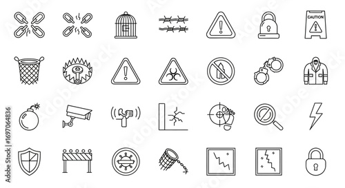 Vector Icons Set of Hand drawn doodle icon set of security danger and warning symbols. EPS Editable