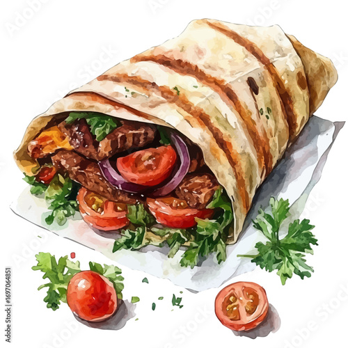 Shawarma, watercolor illustration vector, isolated on a white background.