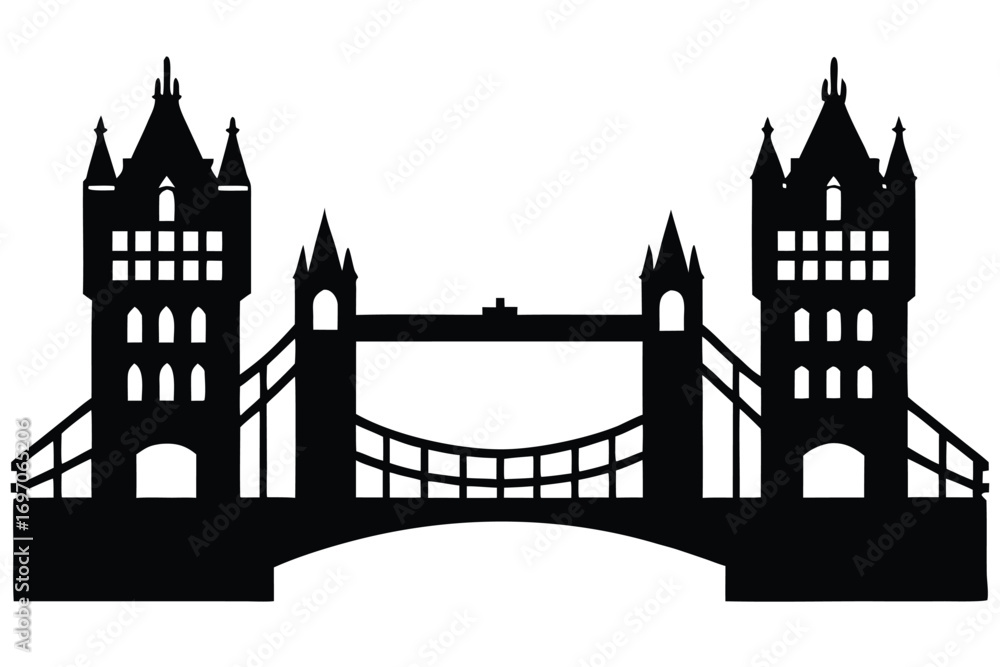 Fototapeta premium Black silhouette of Tower Bridge in London with simplified details on a white background landmark architecture