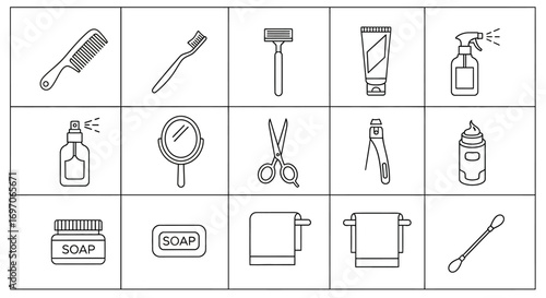 Vector Icons Set of Bathroom and Personal Grooming Line Art Icons. EPS Editable