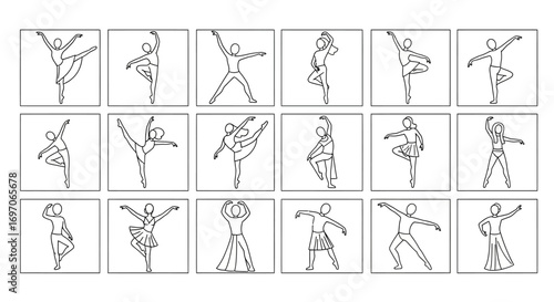 Vector Icons Set of continuous one line drawing ballet dancers in various dynamic poses. EPS Editable