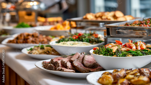 Lavish buffet spread with gourmet dishes, highlighting sliced roast beef and shrimp with vegetables. Catering for a special event.