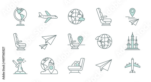 Vector Icons Set of Set of Travel and Aviation Line Art Icons for Design. EPS Editable