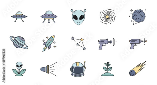 Vector Icons Set of Space and science fiction icon set with aliens UFOs and rockets. EPS Editable