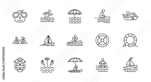 Vector Icons Set of Summer Vacation Water Sports and Activities Line Icon Set. EPS Editable