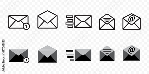 Mail icon set. email icon vector. E-mail icon. Envelope illustration. Mail icon collection. Thin line art envelope vector set.