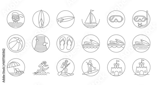 Vector Icons Set of Summer Vacation Beach and Water Sports Line Icon Collection. EPS Editable