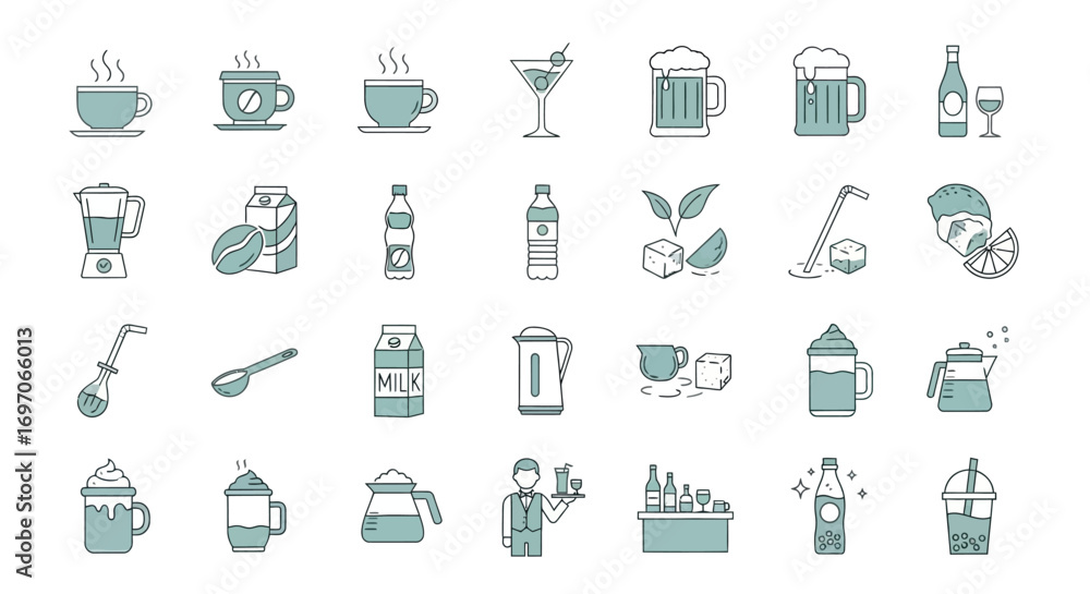 Vector Icons Set of Vector Line Art Icon Set of Various Drinks and Beverages. EPS Editable