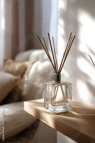 Sleek reed diffuser bottle with natural light in bright and cozy interior setting featuring soft textures and warm tones