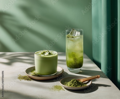 Refreshing iced matcha latte and sparkling matcha drink served on plates with green powder in natural light setting