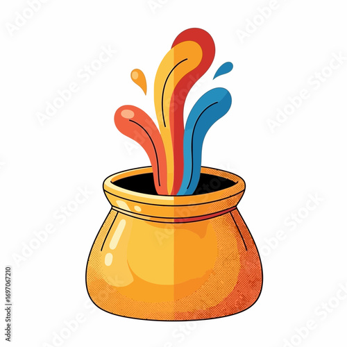 Golden pot overflowing with colorful liquid splashes.
