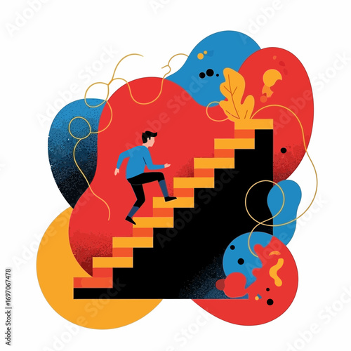 Person climbing stairs against abstract colorful shapes.