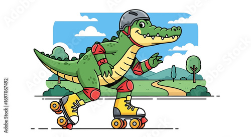 Friendly alligator enjoying roller skating in a park