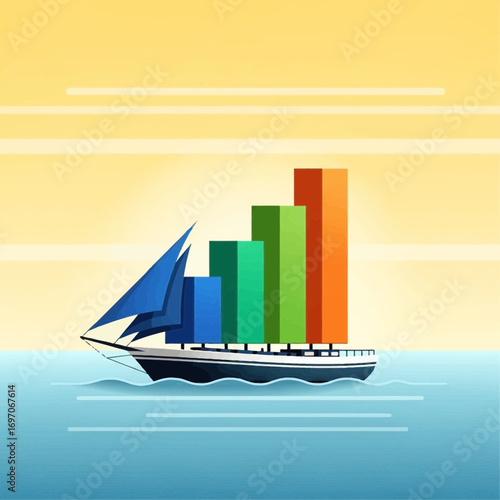 Sailboat carries colorful bar graph on ocean under yellow sky