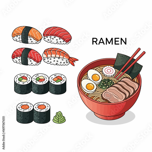 Japanese Food Collection Sushi and Ramen Bowl Illustration