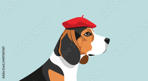 Beagle Dog Wearing Red French Beret Portrait Illustration