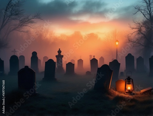 Lantern-lit graveyard at dawn, mist and memory