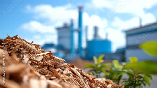 Paper mill facility with wood chip processing and pulping equipment featuring sustainable forestry practices and recycled material integration in manufacturing process blurred