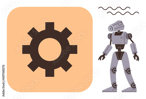 Robot with mechanical limbs next to gear inside peach square suggests innovation, AI, and automation. Ideal for technology, cybernetics, robotics, engineering, machine learning, industry digital