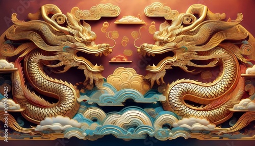 Wallpaper Mural ornate asian dragons depicted in bas relief on clouds Torontodigital.ca
