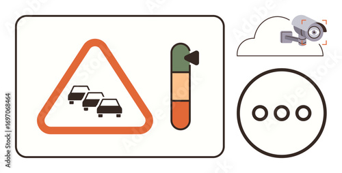 Traffic congestion sign, attention meter, surveillance camera, and speech bubble represent monitoring, safety, alert systems, communication, and control. Ideal for transportation technology
