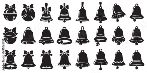A set of bell silhouettes for a holiday, black silhouette on a transparent background, vector drawing for a stencil