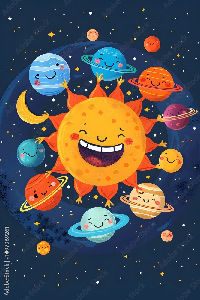 Fototapeta premium Cute smiling sun illustration whimsical and playful design for children, cartoon style sun, happy face, bright and cheerful kids artwork
