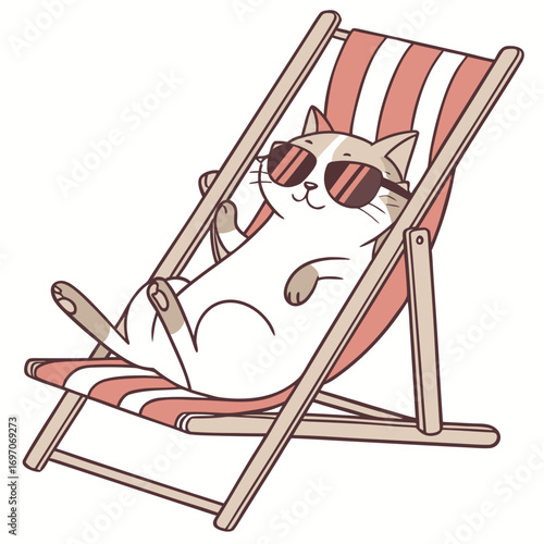 Cool cartoon cat wearing sunglasses relaxing in a striped deck chair kitten