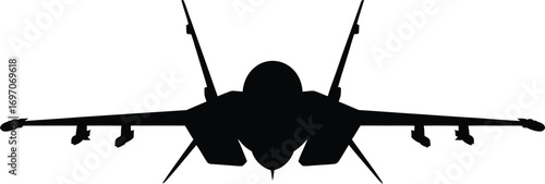 Powerful fighter jet silhouette against a stark white background, symbolizing speed and military might.