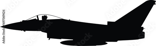 Sleek silhouette of a modern fighter jet in flight against a clean white background.