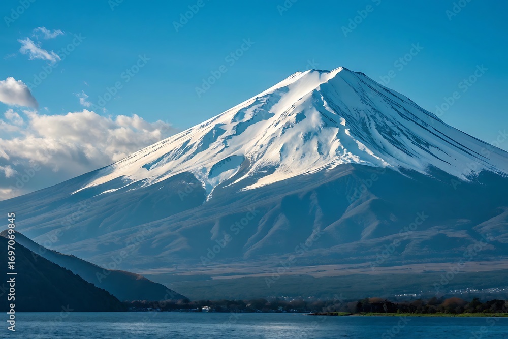 Fototapeta premium Majestic snow capped mount fuji reflected in a calm lake under a blue sky