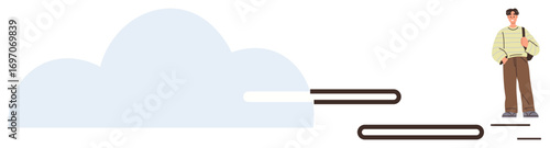Man climbing floating books towards a cloud. Ideal for education, imagination, intellectual growth, learning, opportunity, self-improvement, and vision. Simple flat metaphor