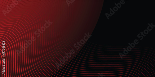 Red glowing graphic wave on black background. Luxury design template with red flowing wavy line design and text arrangement. Red Black modern background