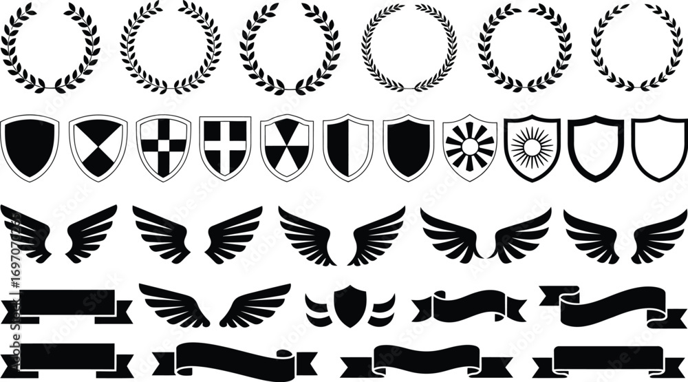 Fototapeta premium Collection of heraldic crests, shields, wings, and banners for design