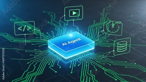 A neon blue rectangular box labeled “AI Agent” in the center, connected with glowing green circuit lines to multiple icons such as code, video, clock, and database, set on a futuristic dark background