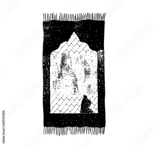 Vector Silhouette of a praying person within an arched prayer rug .