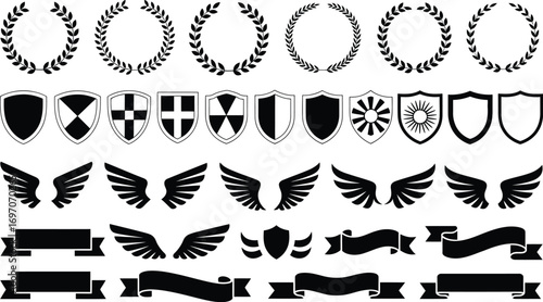 Collection of heraldic crests, shields, wings, and banners for design