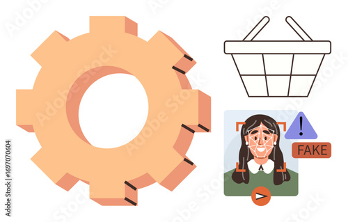 Gear symbolizing mechanism, shopping basket for retail, and face detection AI with deepfake alert warning. Ideal for technology, automation, retail, AI ethics, cybersecurity, online trust