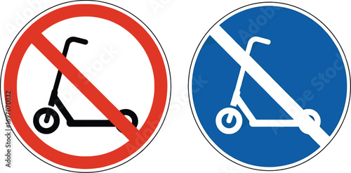 Prohibition and restriction signs for scooters, indicating no entry or forbidden zones.