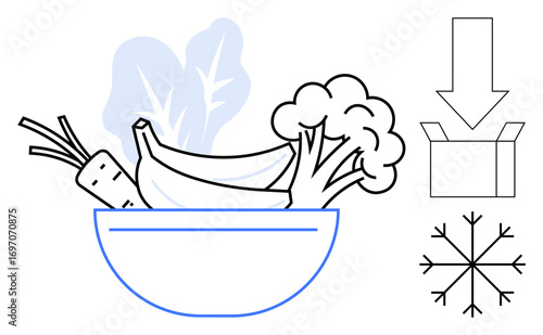 Vegetables and fruits in a bowl, arrow pointing to a box, and snowflake for freezing. Ideal for healthy eating, delivery, packaging, sustainability, organic, grocery simple flat metaphor