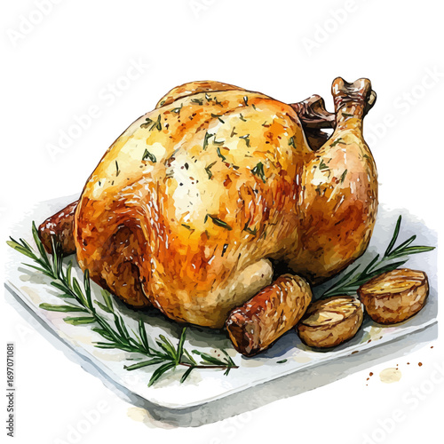 Roast Chicken, watercolor vector, isolated on a white background.