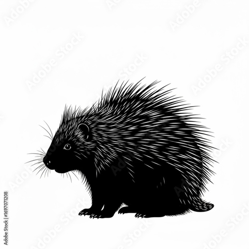Silhouette illustration of a porcupine with sharp quills standing on a white background looking left created with generative ai