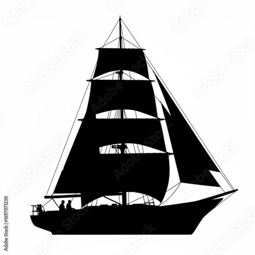 Silhouette of a tall ship with multiple sails and two figures on deck against a white background scene created with generative ai