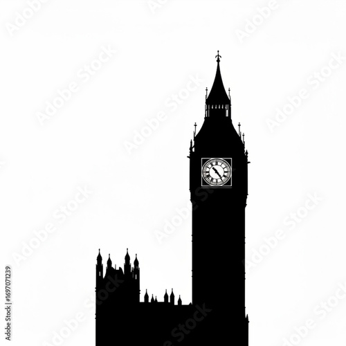 Silhouette of big ben clock tower with detailed clock face against a plain white background image view created with generative ai